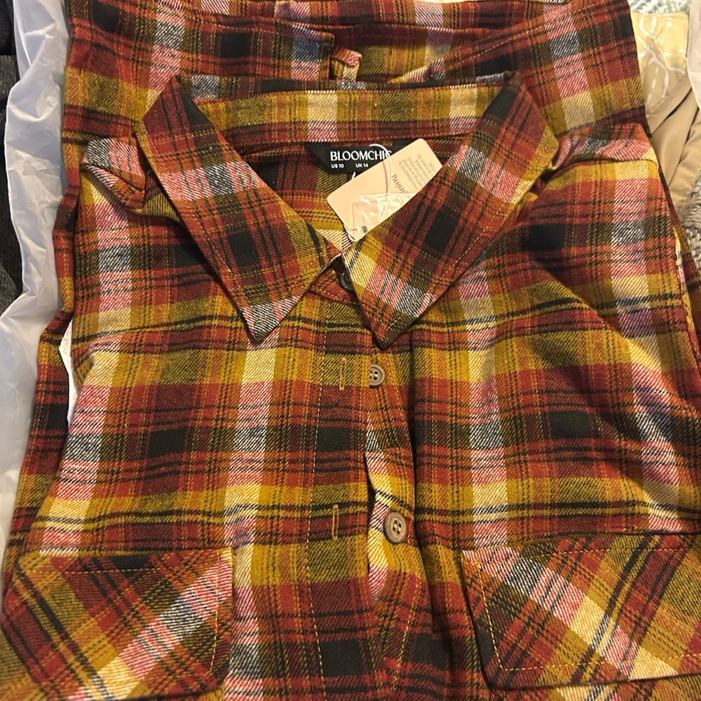 NWT BloomChic size 10 Plaid Shirt Collar Patched Pocket Blouse